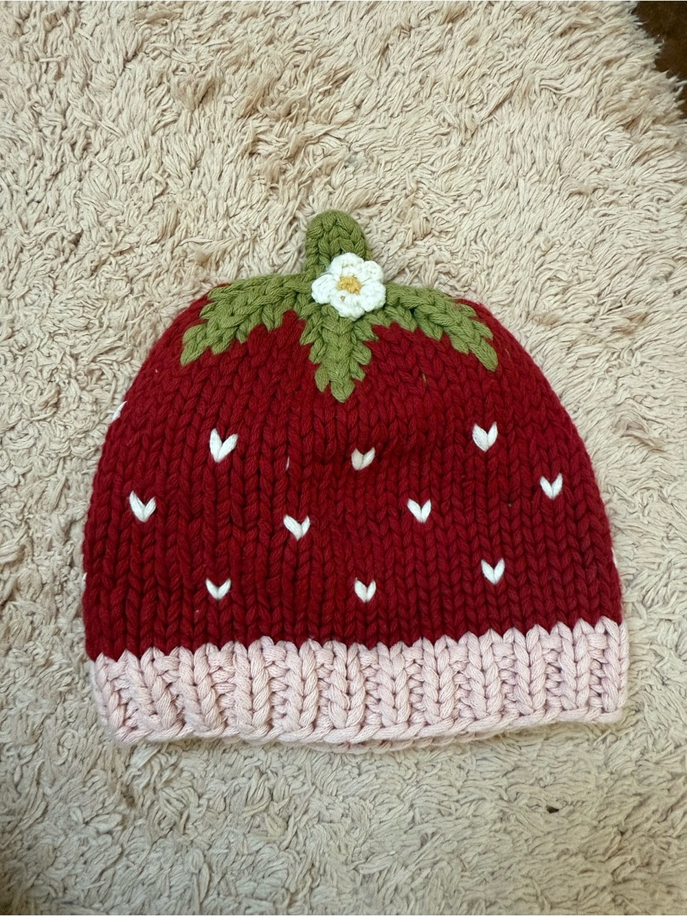 Kids Strawberry Knit Beanie Hat - Red, Pink & Green
